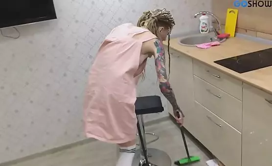 Riding and Spreading a Dildo on the Kitchen Counter